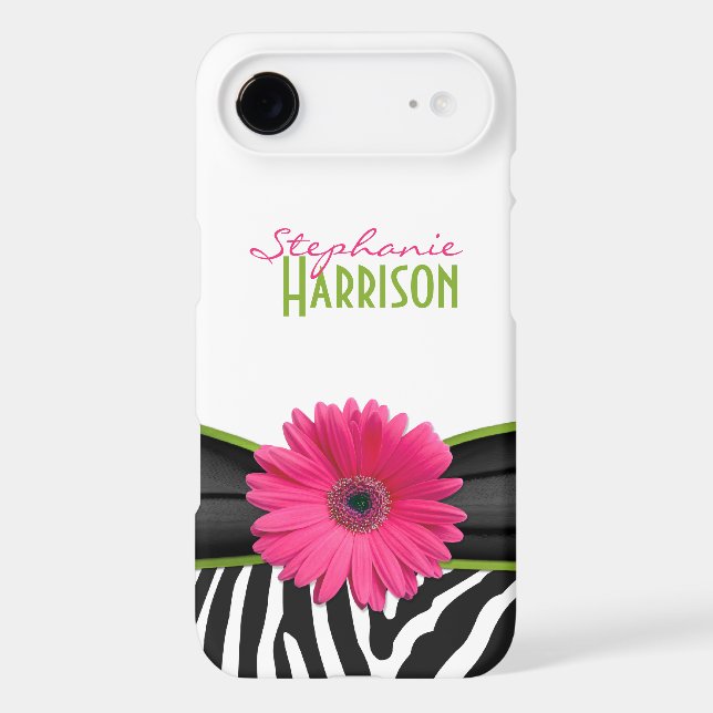 Pink Green Daisy Zebra Print Personalized Case-Mate iPhone Case (Back)