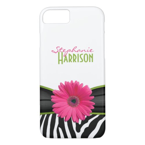 Pink Green Daisy Zebra Print Personalized iPhone 87 Case