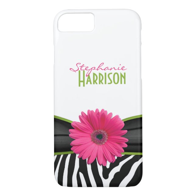 Pink Green Daisy Zebra Print Personalized Case-Mate iPhone Case (Back)
