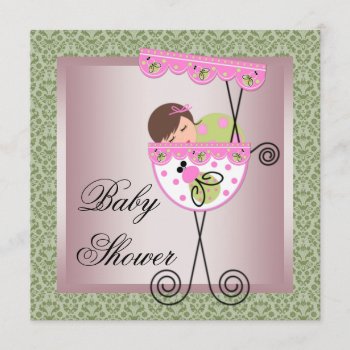 Pink Green Damask Baby Girl Shower Invitations by BabyCentral at Zazzle