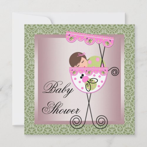 Pink Green Damask Baby Girl Shower Invitations