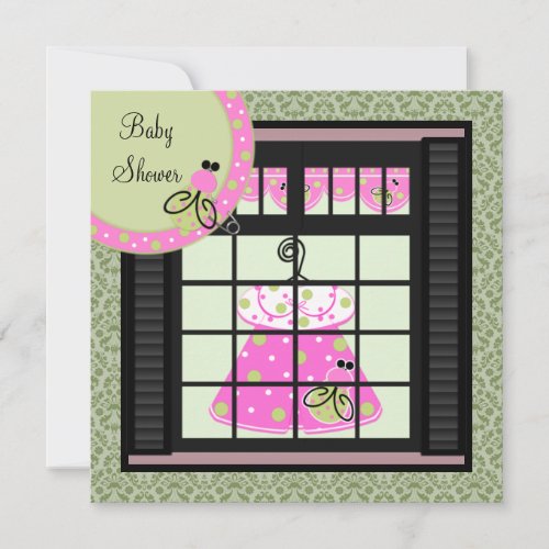 Pink Green Damask Baby Girl Shower Invitations