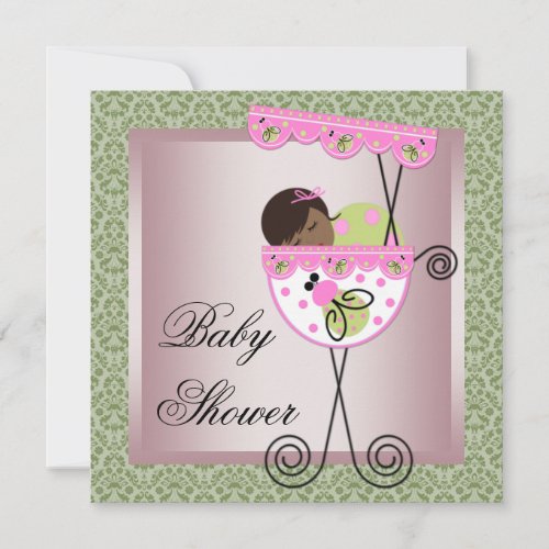 Pink Green Damask Baby Girl Shower Invitations