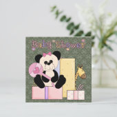 Pink Green Damask Teddy Bear Baby Girl Shower Invitation (Standing Front)