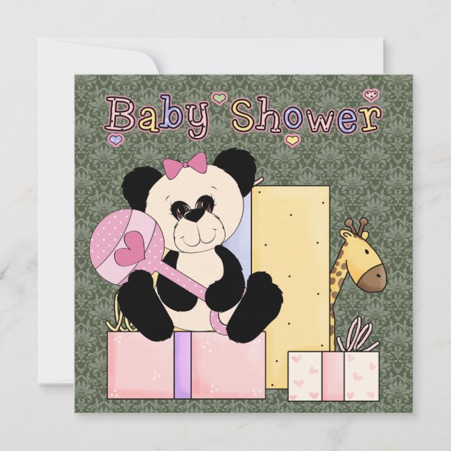 Pink Green Damask Teddy Bear Baby Girl Shower Invitation (Front)