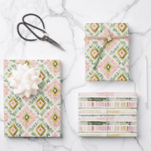 Pink Green Diamond Pattern Stripes Birthday Wrapping Paper Sheets