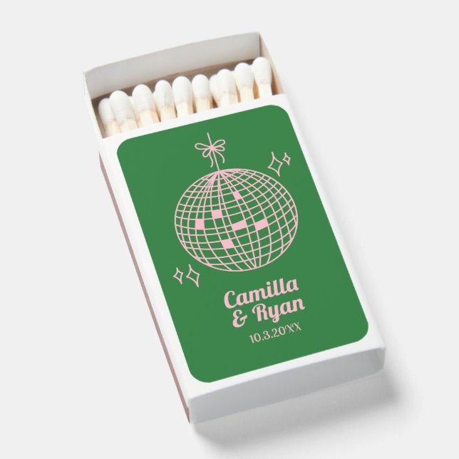Pink & Green Disco Wedding Favor Personalized Matchboxes (Front Open)