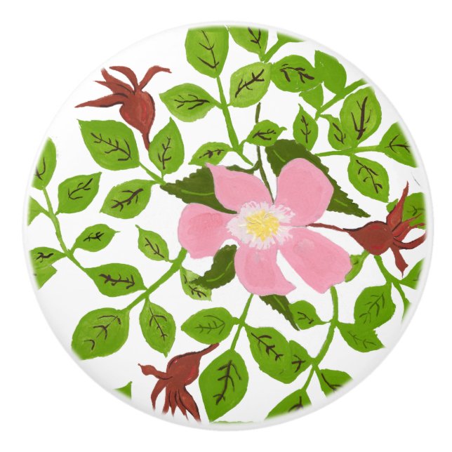 Pink Green Dogwood Hand-Painted Spring Flower Ceramic Knob (Front)