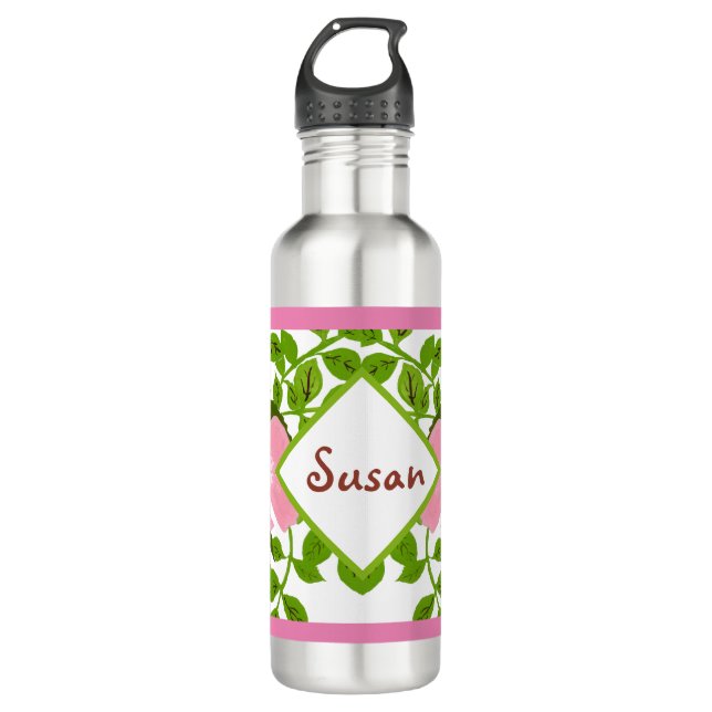 Pink Green Dogwood Hand-Painted Spring Flower Stainless Steel Water Bottle (Front)