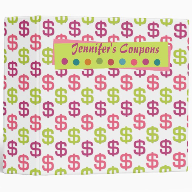 Pink green dollar signs 2" coupon organizer binder (Front/Spine)