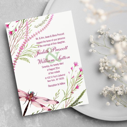 Pink Green Dragonfly Watercolor Floral Wedding Invitation