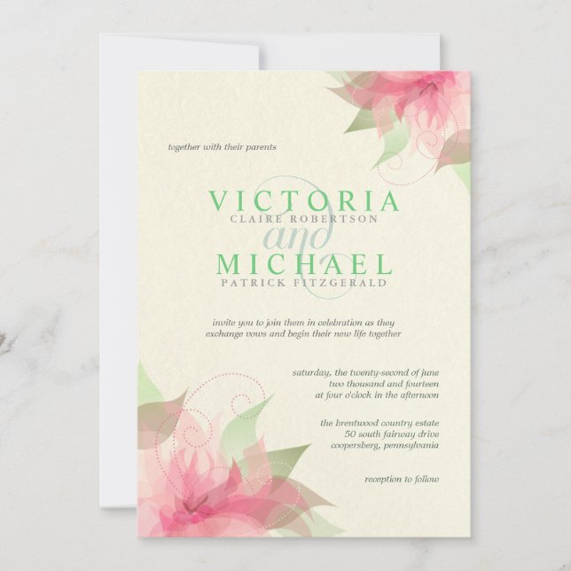 Pink Green Ecru Floral Wedding Invitations (Front)