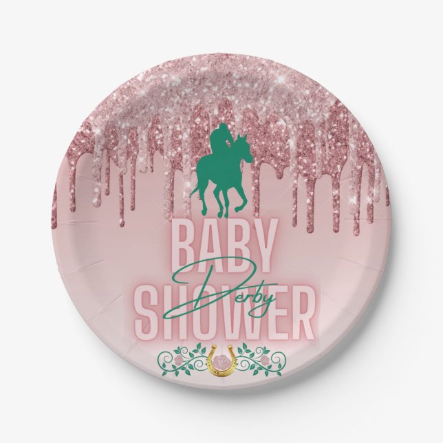 Pink|Green Elegant Glitter Drip Derby Baby Shower Paper Plates (Front)