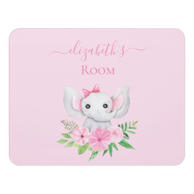 Pink Green Elephant Flowers Nursery Baby Girl Door Sign (Contemporary Front)