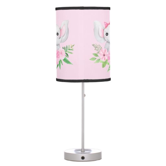 Pink Green Elephant Flowers Nursery Baby Girl Table Lamp (Back)