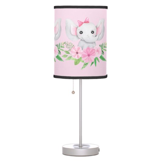 Pink Green Elephant Flowers Nursery Baby Girl Table Lamp (Right)