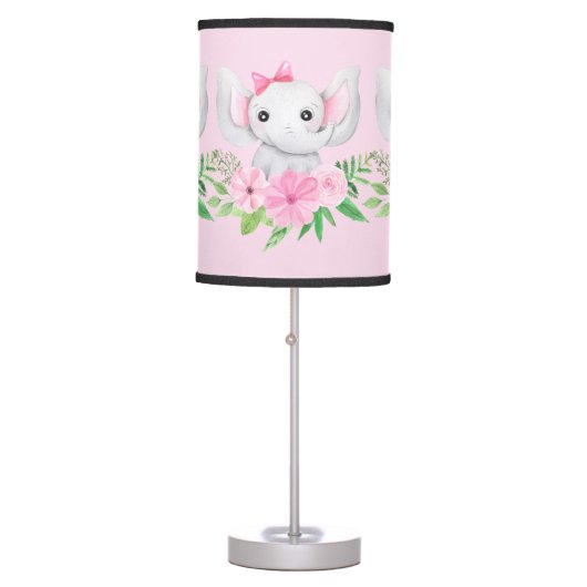  Pink Green Elephant Flowers Nursery Baby Girl Table Lamp (Front)