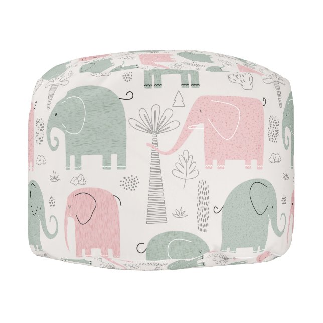Pink Green Elephants Modern Kids Pouf (Right)
