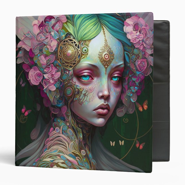 Pink Green Elf Fairy Woman Fantasy Art 3 Ring Binder (Front/Inside)