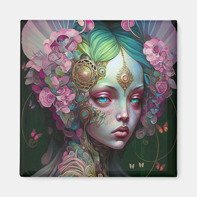 Pink Green Elf Fairy Woman Fantasy Art Magnet (Front)
