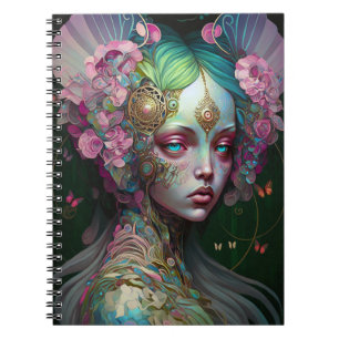Pink Green Elf Fairy Woman Fantasy Art Notebook