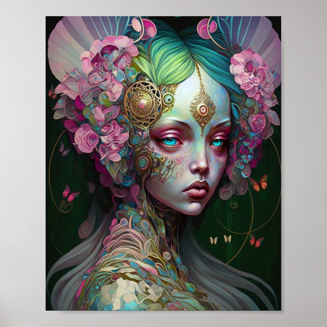 Pink Green Elf Fairy Woman Fantasy Art Poster (Front)