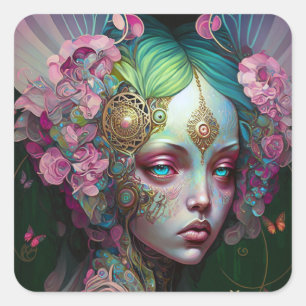 Pink Green Elf Fairy Woman Fantasy Art Square Sticker
