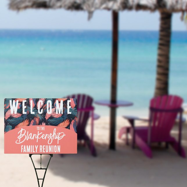 Pink Green Feather Pattern Welcome Event Yard Sign (Welcome the family to your tropical reunion with a custom pink and green feather pattern yard sign. )