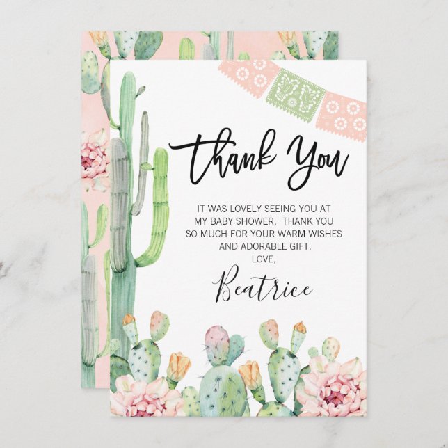 Pink Green Fiesta Baby Shower Thank You Card (Front/Back)