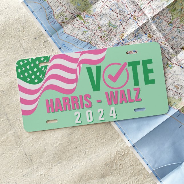 Pink Green Flag Vote Harris Walz 2024 Political License Plate (In Situ)