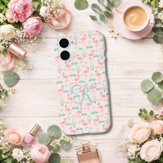 Pink Green Flamingo Monogram Tropical Birds iPhone Case (Pink green flamingo tropical birds monogrammed initial iPhone case.  Available in all current sizes)