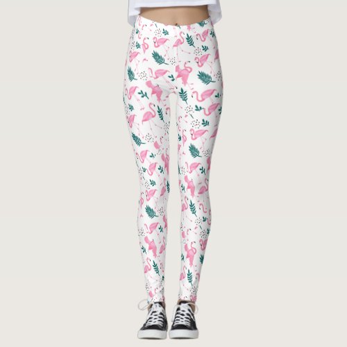 Pink Green Flamingo Print Ladies Leggings