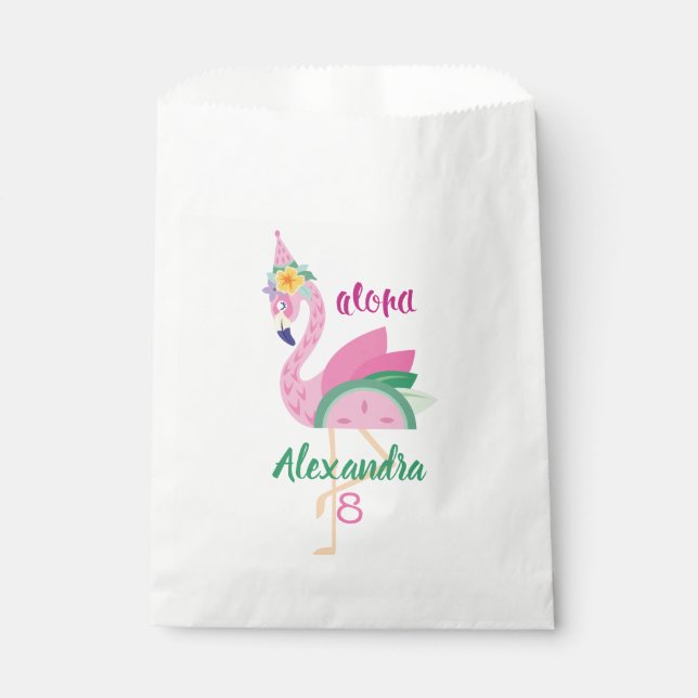 Pink Green Flamingo & Watermelon Tropical Birthday Favor Bag (Front)