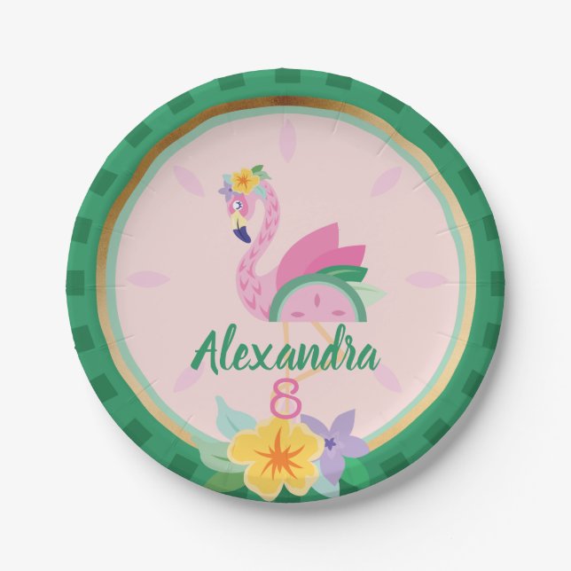 Pink Green Flamingo & Watermelon Tropical Birthday Paper Plates (Front)