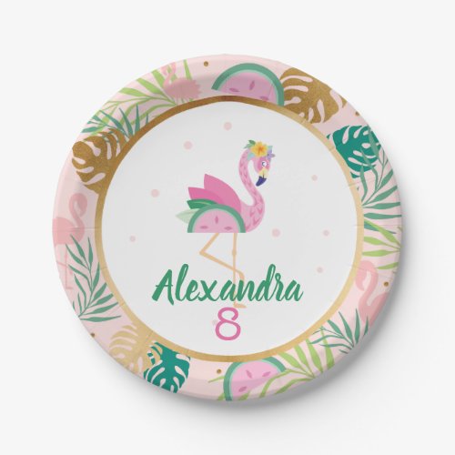 Pink Green Flamingo  Watermelon Tropical Pattern Paper Plates