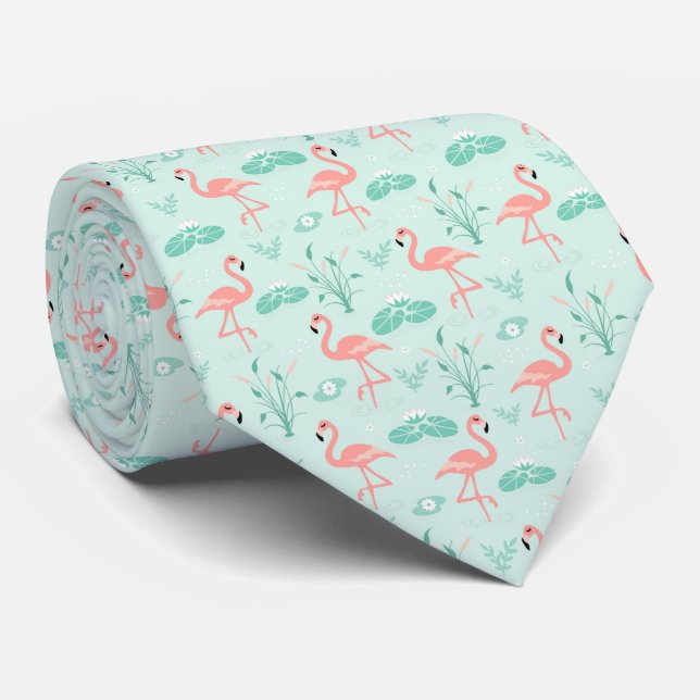 Pink Green Flamingo's Tropical Bird  Neck Tie (Rolled)