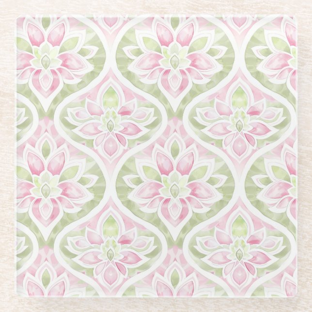 Pink Green Floral Abstract Glass Coaster (Front)