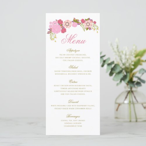 Pink Green Floral Boho Party Wedding Menu Card