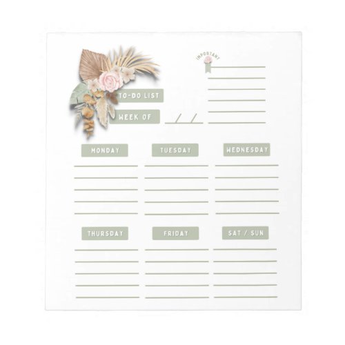 Pink Green Floral Boho Weekly Planner Organizer  Notepad