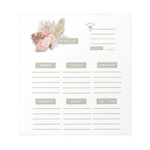 Pink Green Floral Boho Weekly Planner Organizer  Notepad