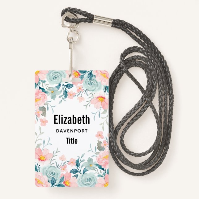 Pink & Green Floral Border  Badge (Front with Lanyard)