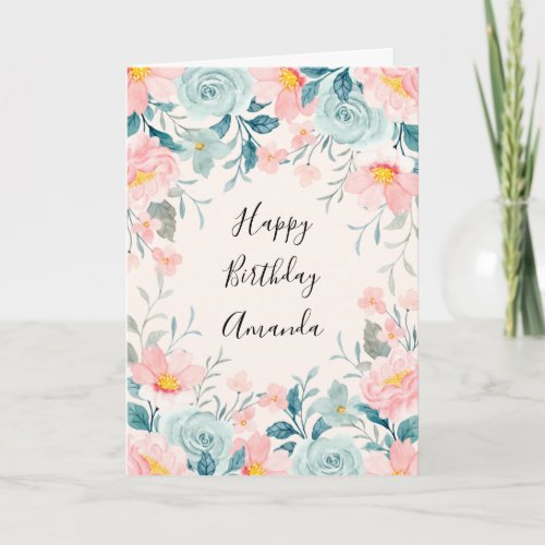 Pink  Green Floral Border Birthday Card