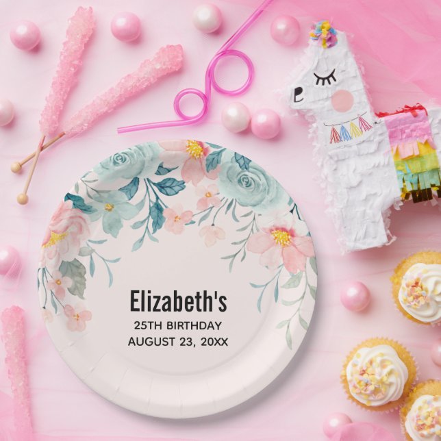 Pink & Green Floral Border Birthday Paper Plates (Party)