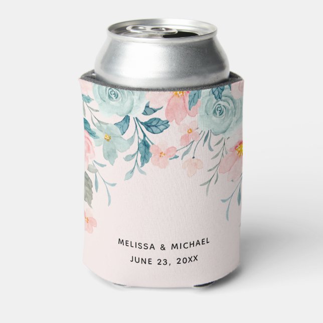 Pink & Green Floral Border Elegant Wedding Can Cooler (Can Back)