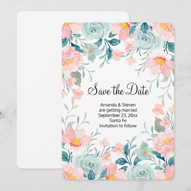 Pink & Green Floral Border Elegant Wedding Save The Date (Front/Back)