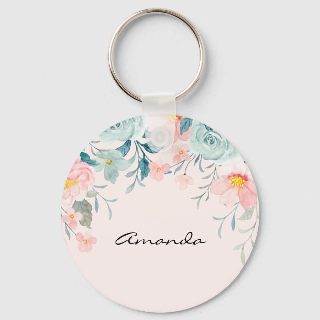 Pink & Green Floral Border Keychain (Front)