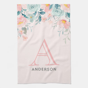 Pink & Green Floral Border Kitchen Towel
