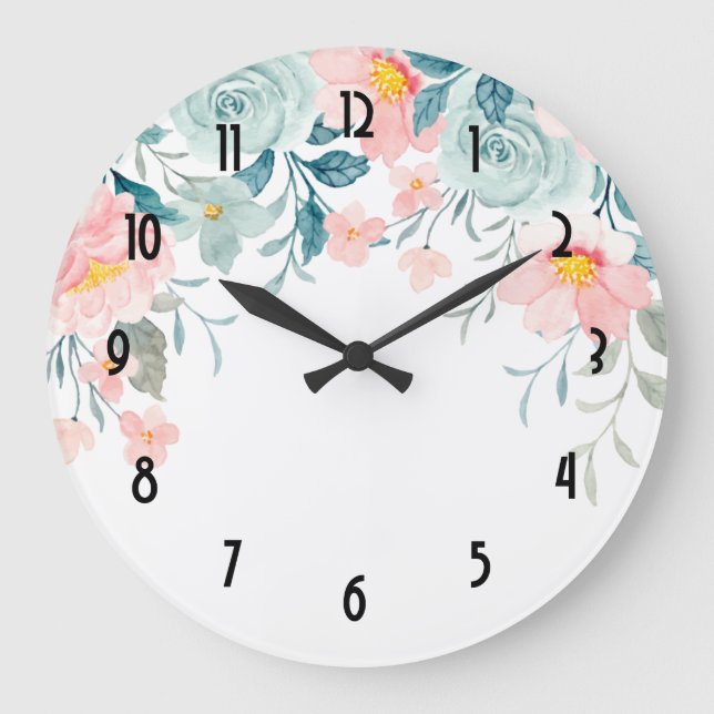 Pink & Green Floral Border Large Clock (Front)