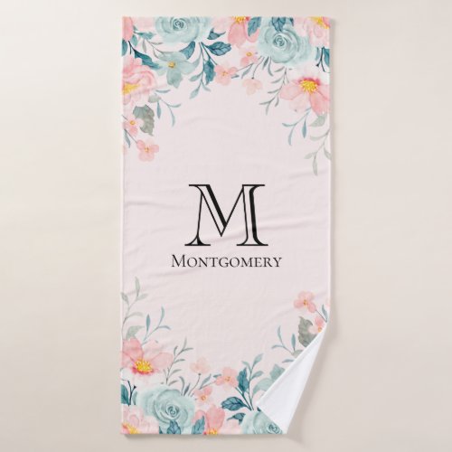 Pink  Green Floral Border Monogram Bath Towel Set