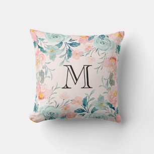 Pink & Green Floral Border Monogram Throw Pillow